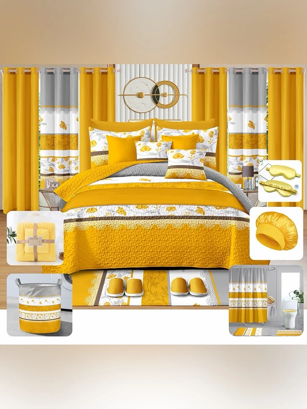 Bedspread Sunflower Yellow and Gray Floral Bedding Set 30 pieces
